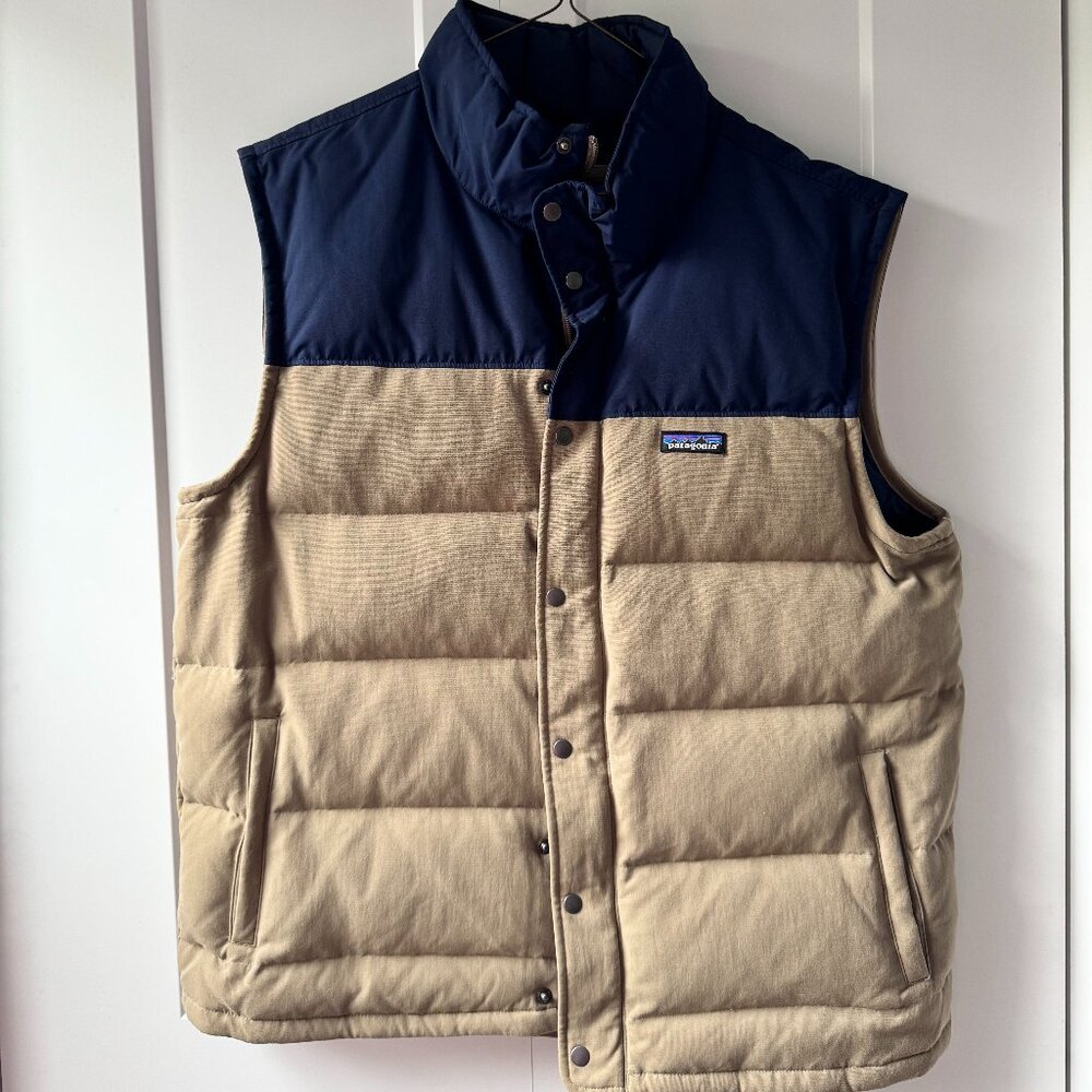Patagonia Bivy Vest Mens X-Large Blue Tan Puffer Duck Down Jacket